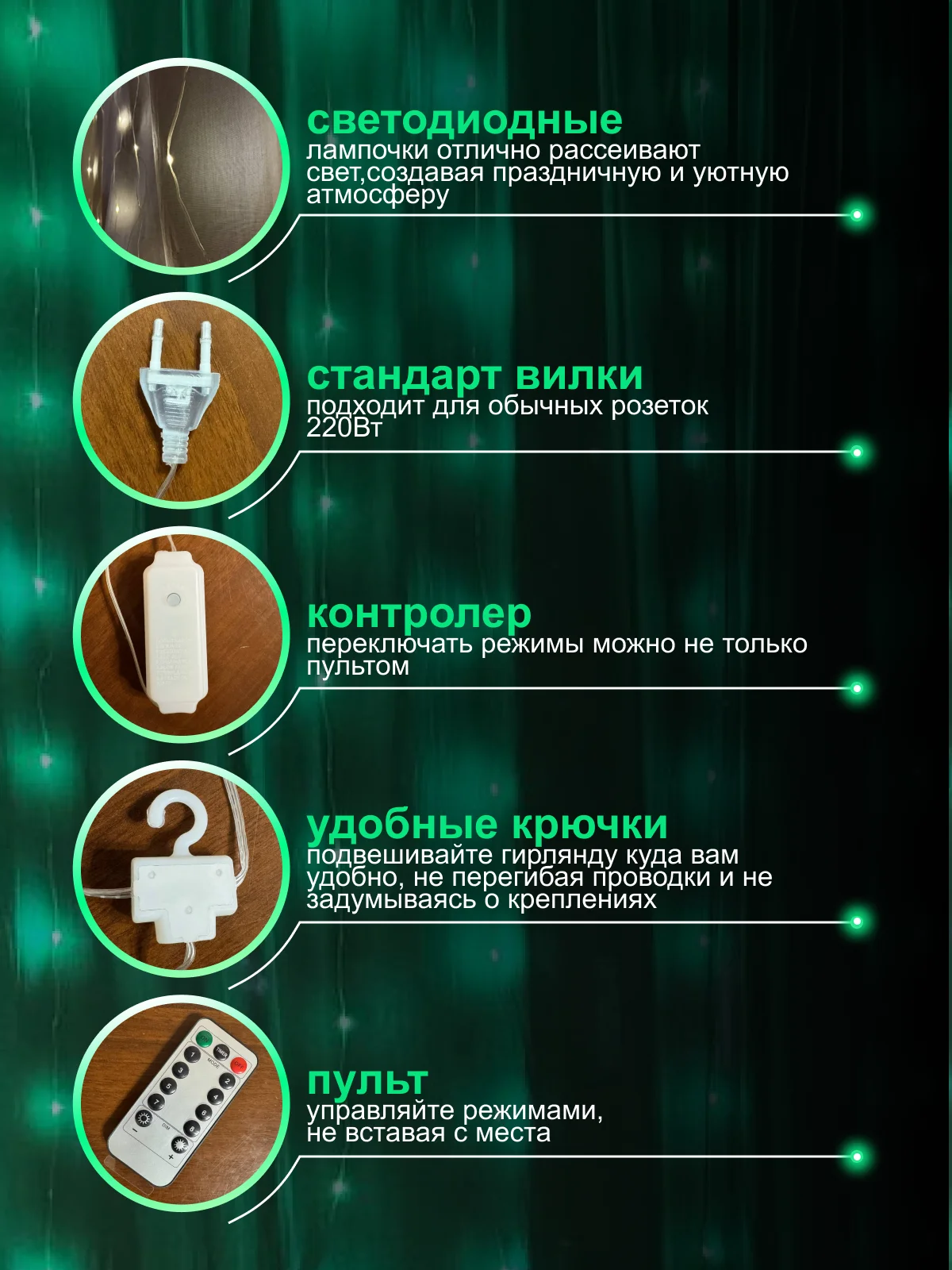 Зеленый гирлянда на шторы 3х3 с экранированием