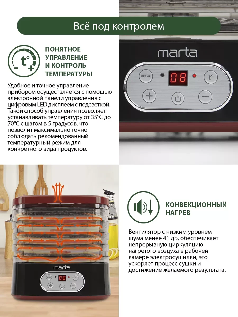 Черный сушилка для овощей и фруктов электрическая MARTA MT-1944/5 поддонов 24х26см,черный/красный