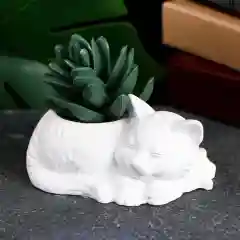 Белый кашпо,подсвечник из гипса "Кошка", 6x10x7 см