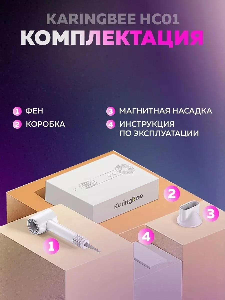 Белый фен для волос с ионизацией, с режимом для животных и детей, KaringBee HC01