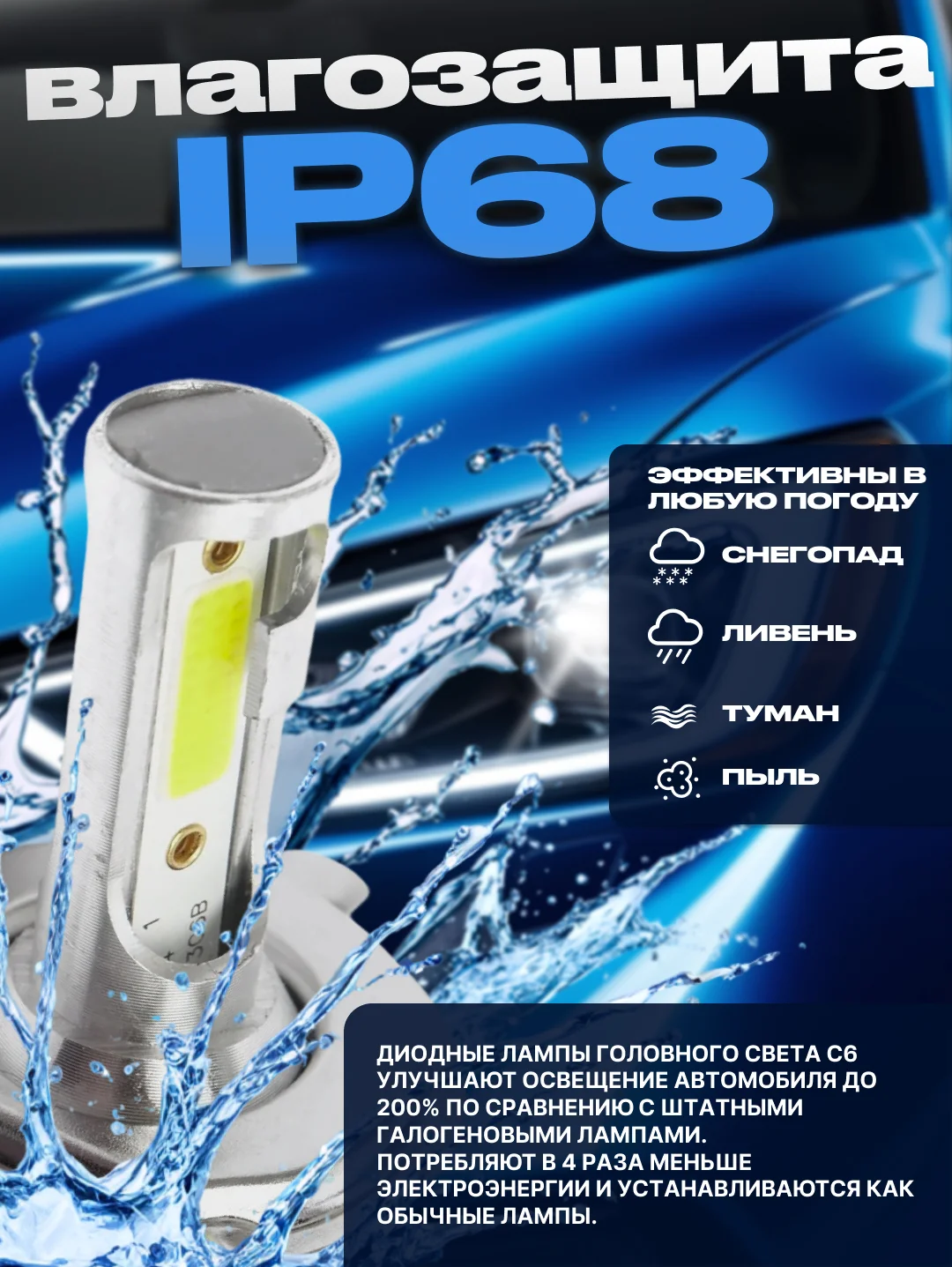 Светодиодные автомобильные лампы C6, H4, LED