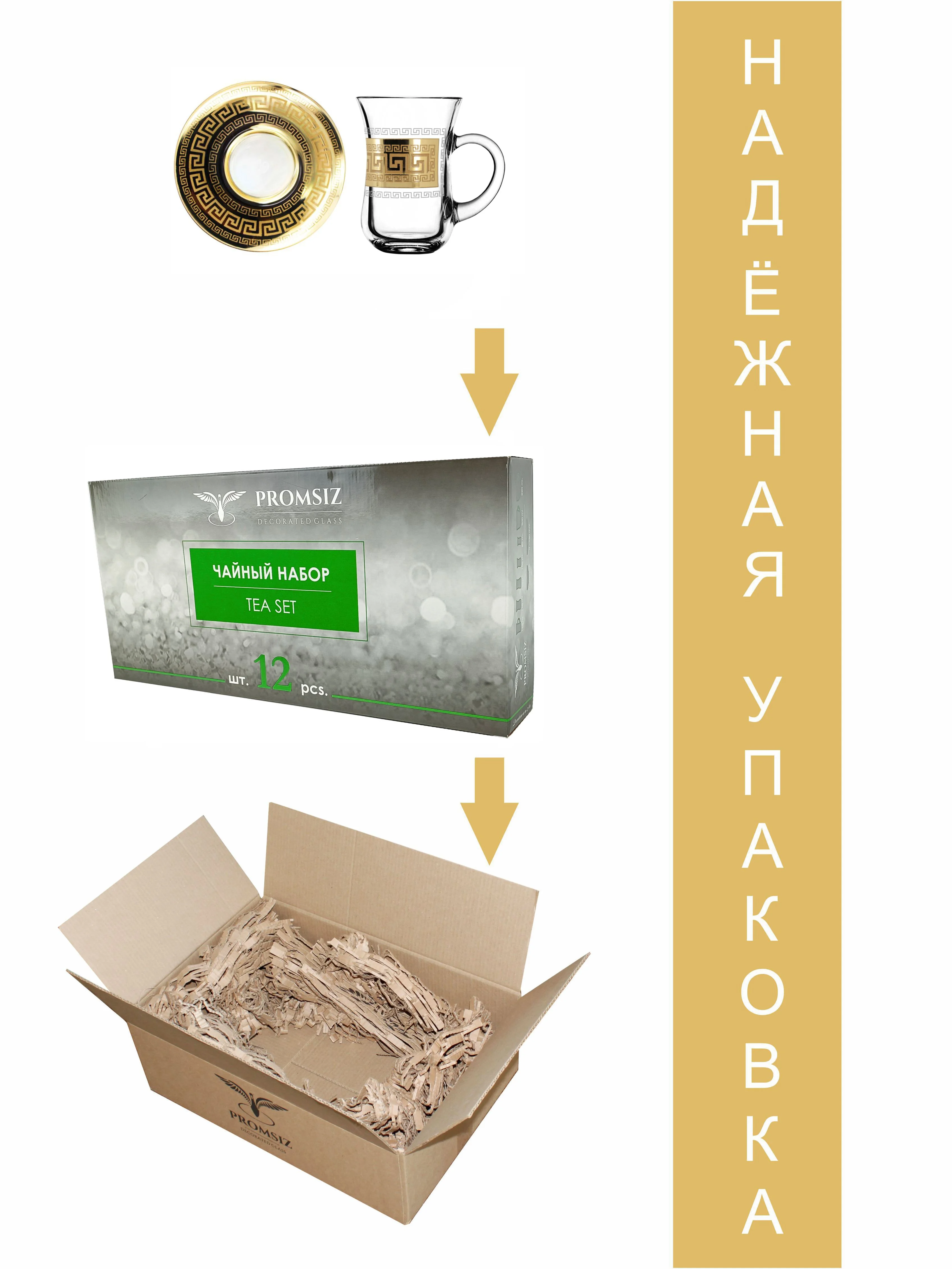 Турецкие стаканы Армуду с ручками и блюдцами, 160 мл, 12 предметов,золото PROMSIZ Барокко