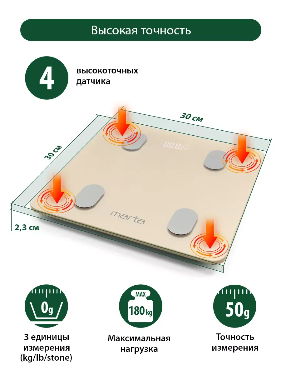 Бежевый умные диагностические весы MARTA MT-1606 с Bluetooth, LED, золотистый опал