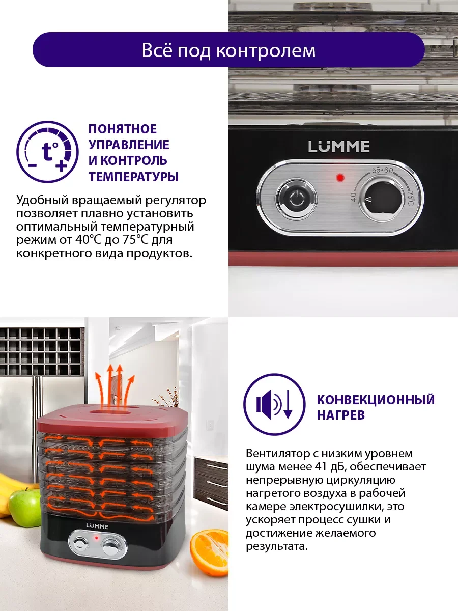 Черный сушилка для овощей и фруктов LUMME LU-1853 с вентилятором, 5 уровней, черный/красный