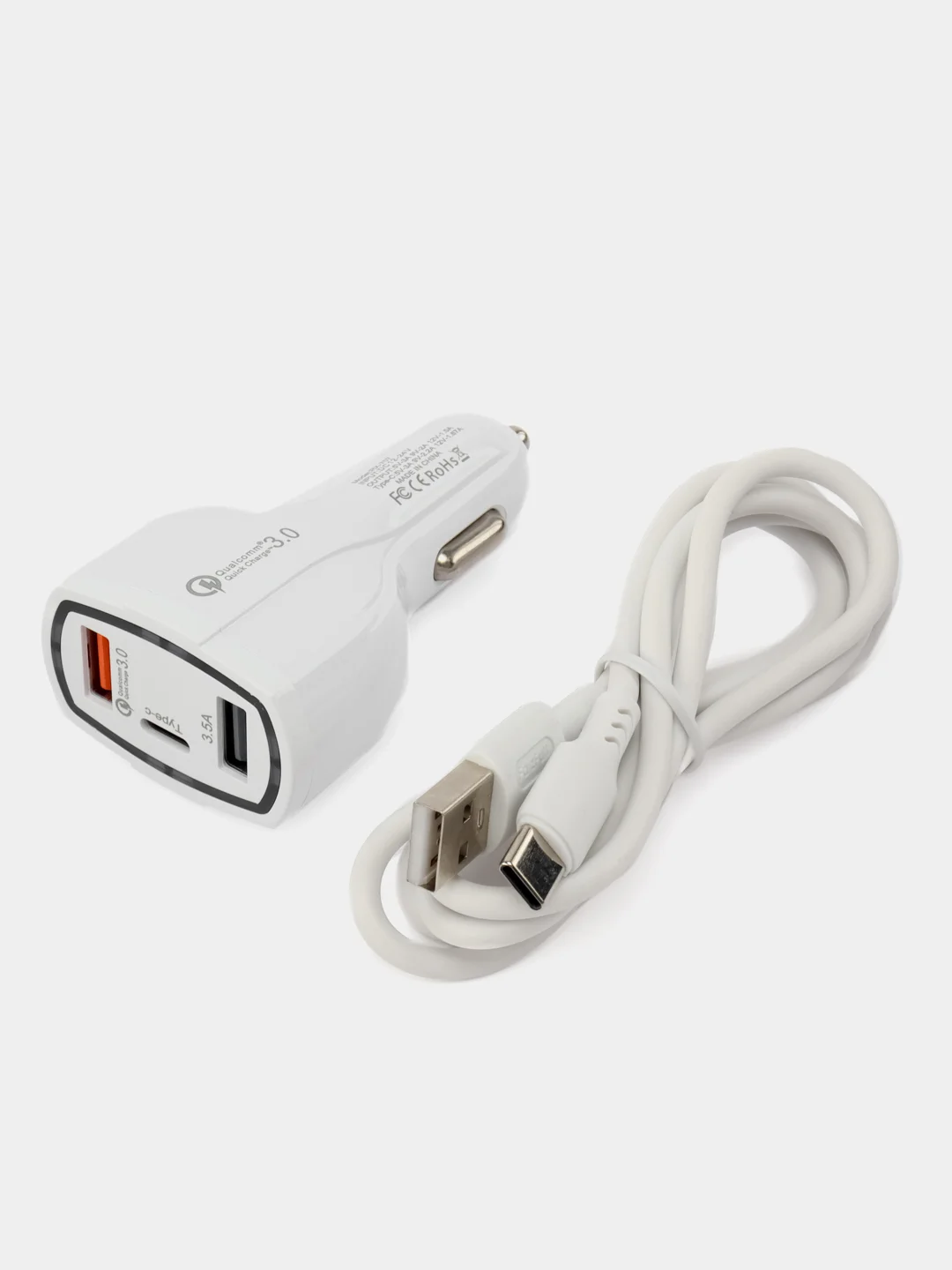 Белый автомобильное зарядное устройство в прикуриватель с USB с быстрой зарядкой, с кабелем, АЗУ