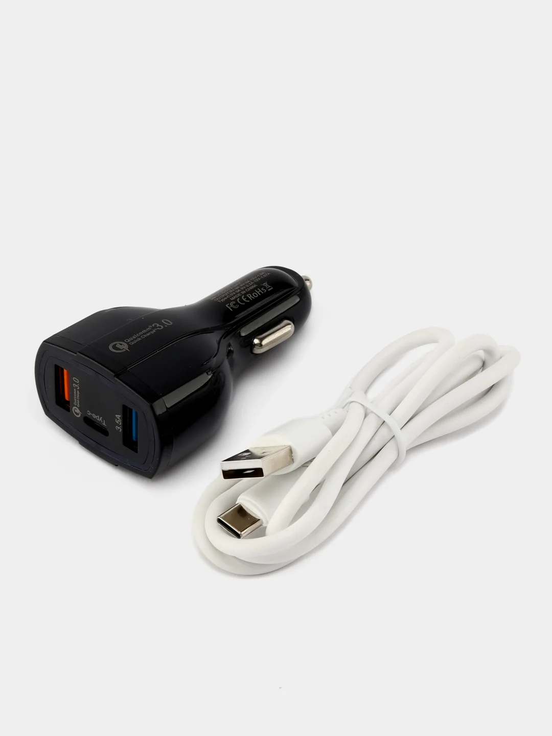 Черный автомобильное зарядное устройство в прикуриватель с USB с быстрой зарядкой, с кабелем, АЗУ