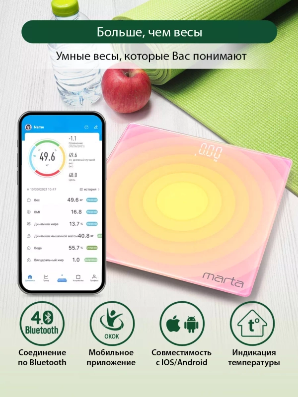 Умные диагностические весы MARTA MT-SC3603 , LED дисплей, Bluetooth, желто-розовый