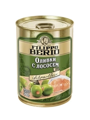 Оливки Filippo Berio без косточки, зелёные, с лососем, в железной банке, 300 г