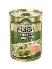 Оливки Filippo Berio без косточки, зелёные, с лососем, в железной банке, 300 г