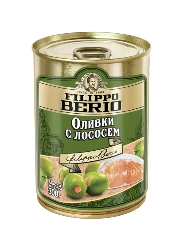 Оливки Filippo Berio без косточки, зелёные, с лососем, в железной банке, 300 г