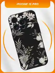 Кремовый силиконовый чехол на iPhone 15 Pro / Айфон 15 Про черный, с принтом, защита камеры