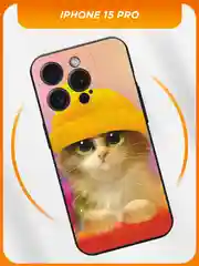 Желтый силиконовый чехол на iPhone 15 Pro / Айфон 15 Про черный, с принтом, защита камеры