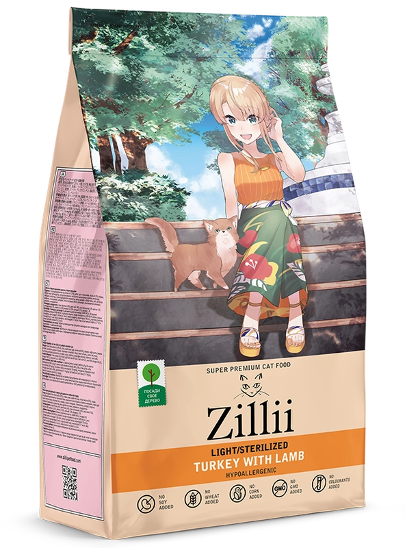 Корм сухой для кошек Zillii (Зилли) Лайт/Стерилайз 2кг Индейка/Ягнёнок