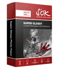Фотобумага Premium SOK суперглянцевая, формат А6 10х15, плотность 290г/м2, 20 листов
