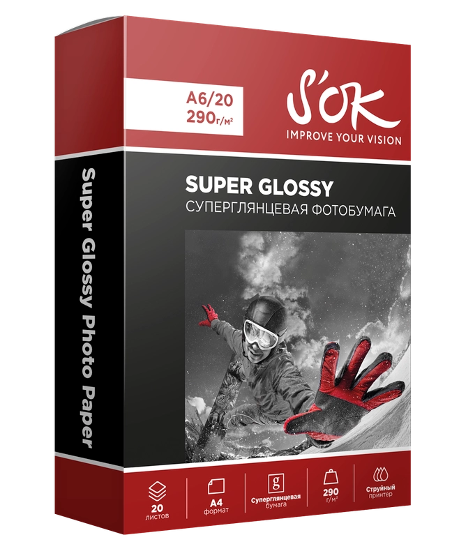 Фотобумага Premium SOK суперглянцевая, формат А6 10х15, плотность 290г/м2, 20 листов