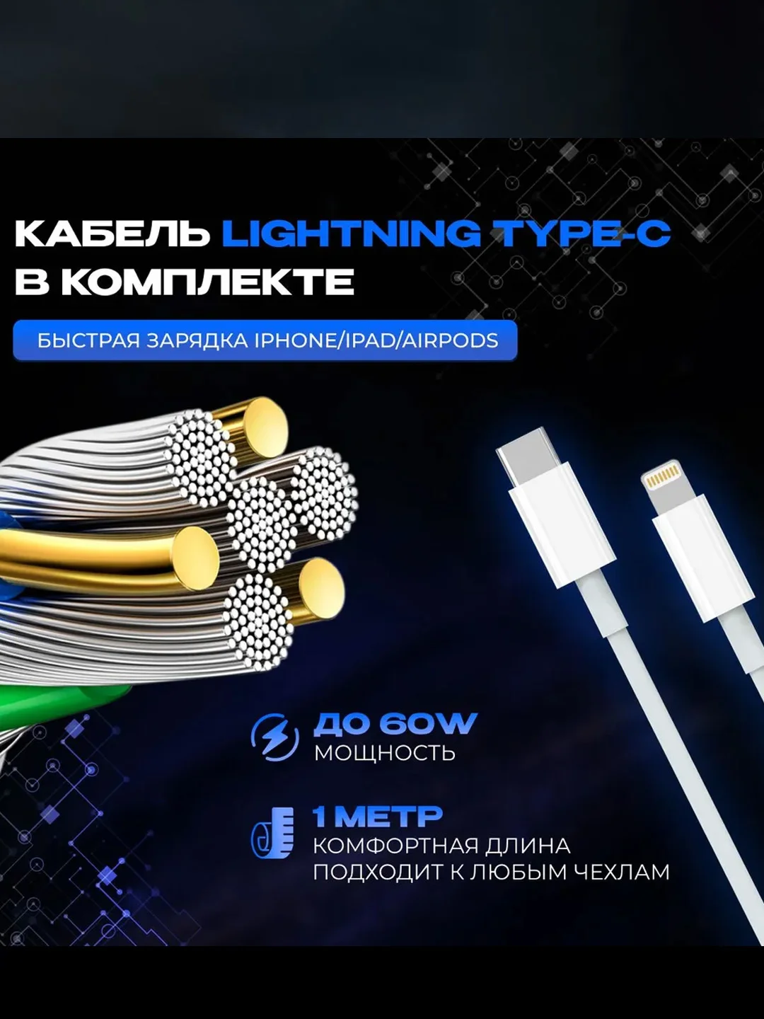 Зарядное устройство с кабелем lightning Type-C для iPhone, iPad, AirPods, комплект зарядки