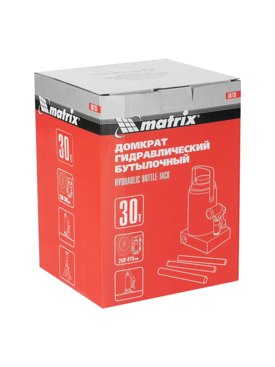 Домкрат гидравлический, бутылочный, 30 т, h подъема 260-415 мм, MATRIX, 50735