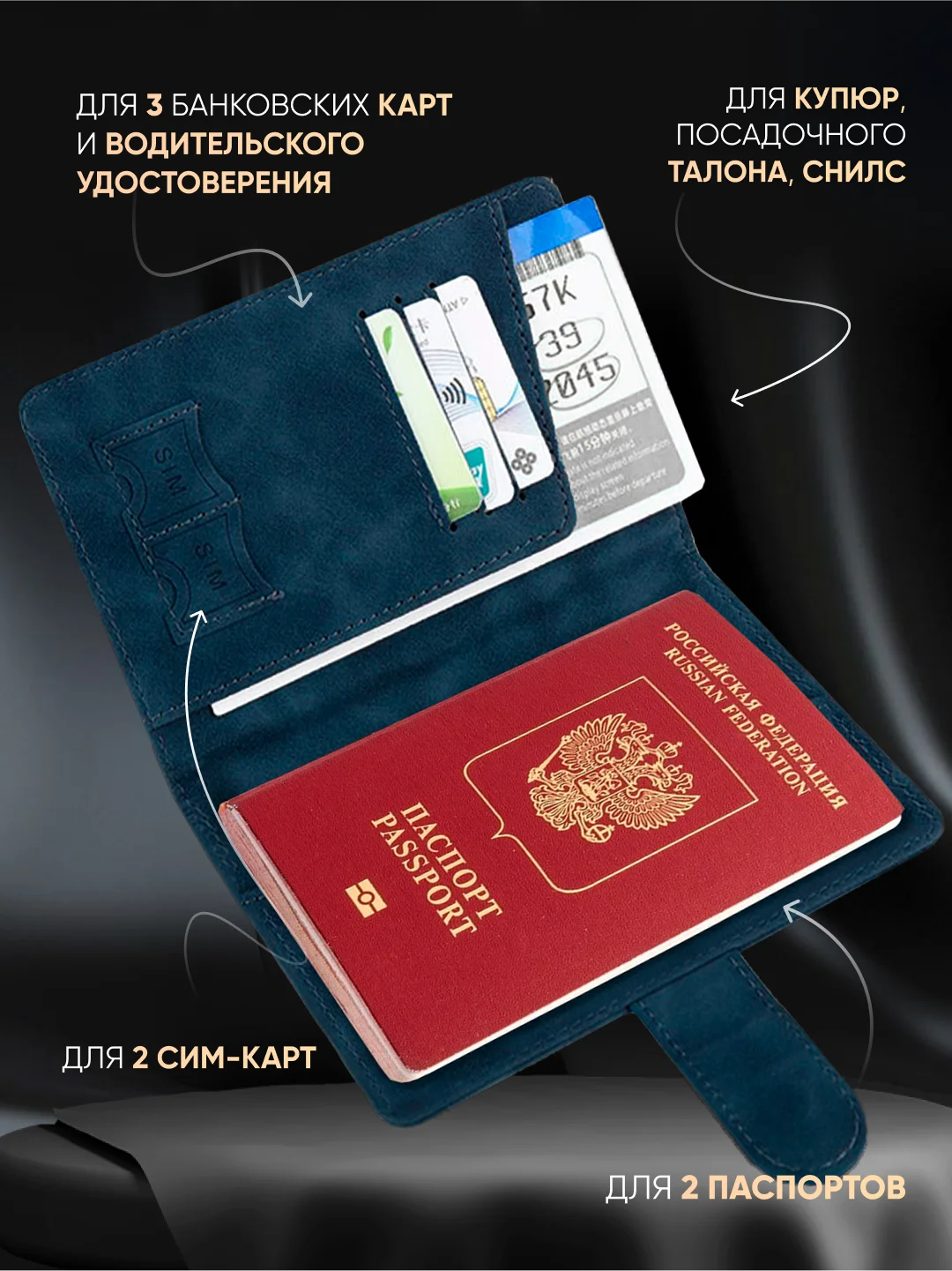 Синий обложка на паспорт с отделениями для карт и купюр из экокожи