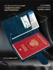 Синий обложка на паспорт с отделениями для карт и купюр из экокожи