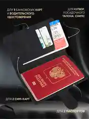 Черный обложка на паспорт с отделениями для карт и купюр из экокожи