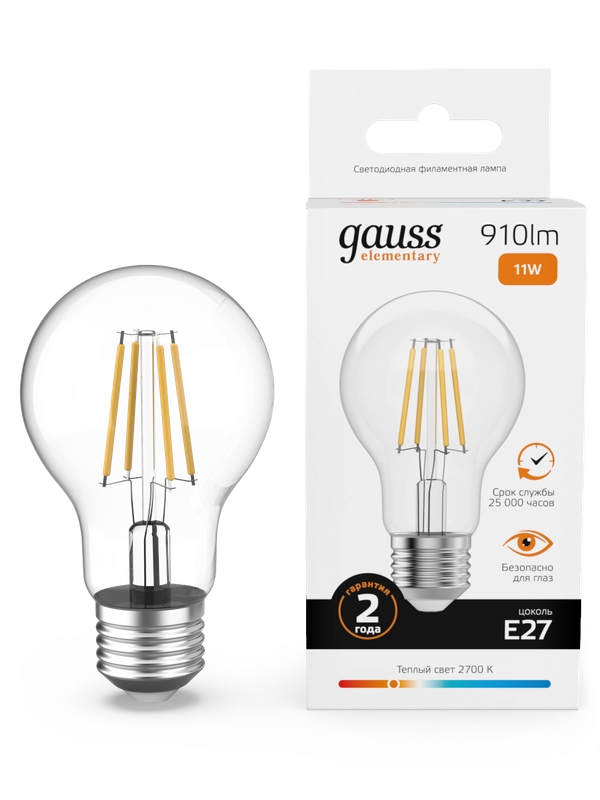 Лампочка светодиодная E27 Груша 11W теплый 2700К УПАКОВКА 10 шт. Gauss Elementary Filament