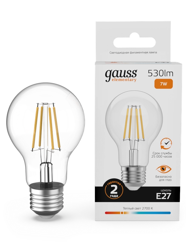 Лампочка светодиодная E27 Груша 7W теплый 2700К УПАКОВКА 10 шт. Gauss Elementary Filament
