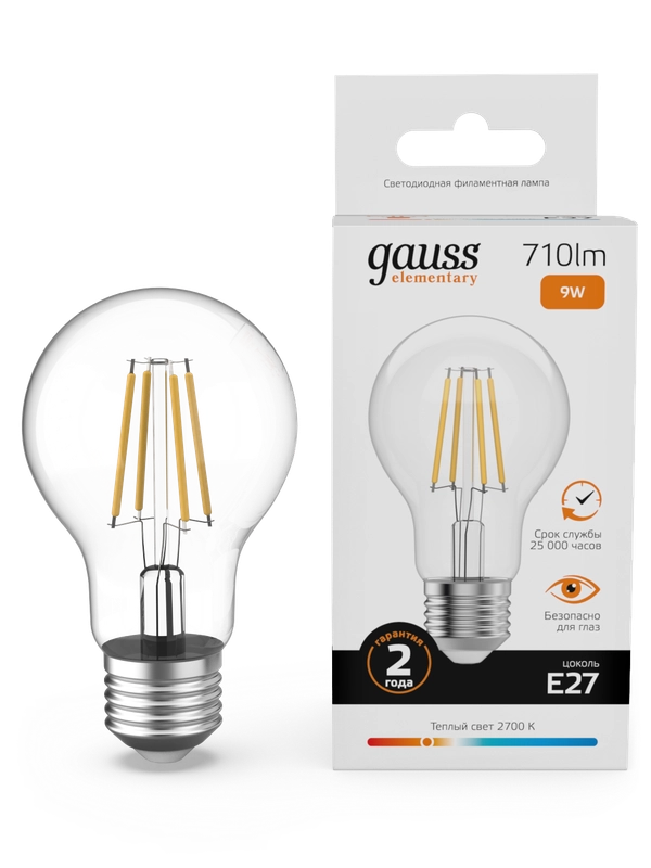Лампочка светодиодная E27 Груша 9W теплый 2700К УПАКОВКА 10 шт. Gauss Elementary Filament