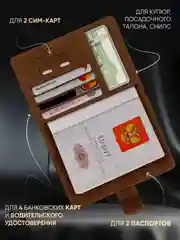 Коричневый обложка на паспорт с отделениями для карт и купюр из эко кожи