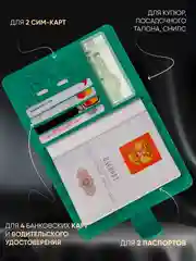 Зеленый обложка на паспорт с отделениями для карт и купюр из эко кожи