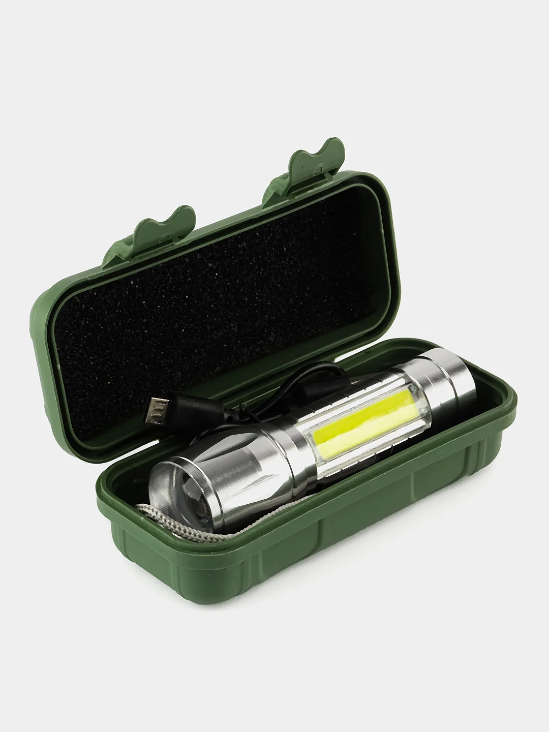 Серебряный фонарь карманный аккумуляторный. 2 режима (LED T6, COB, 10W)