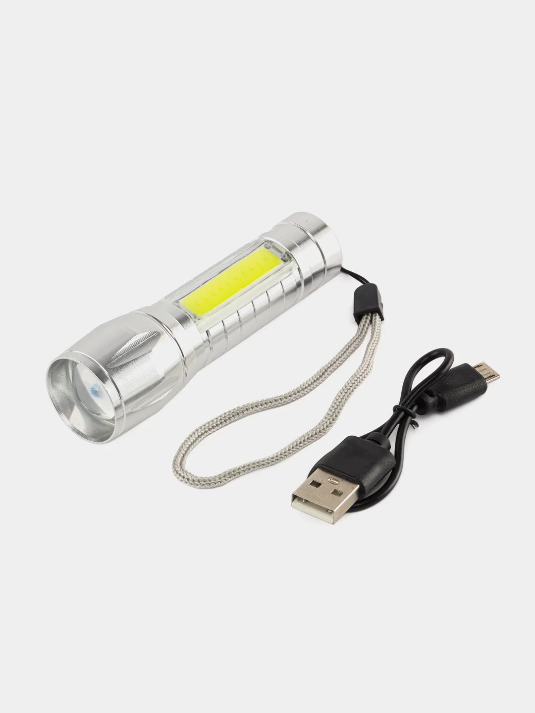 Серебряный фонарь карманный аккумуляторный. 2 режима (LED T6, COB, 10W)