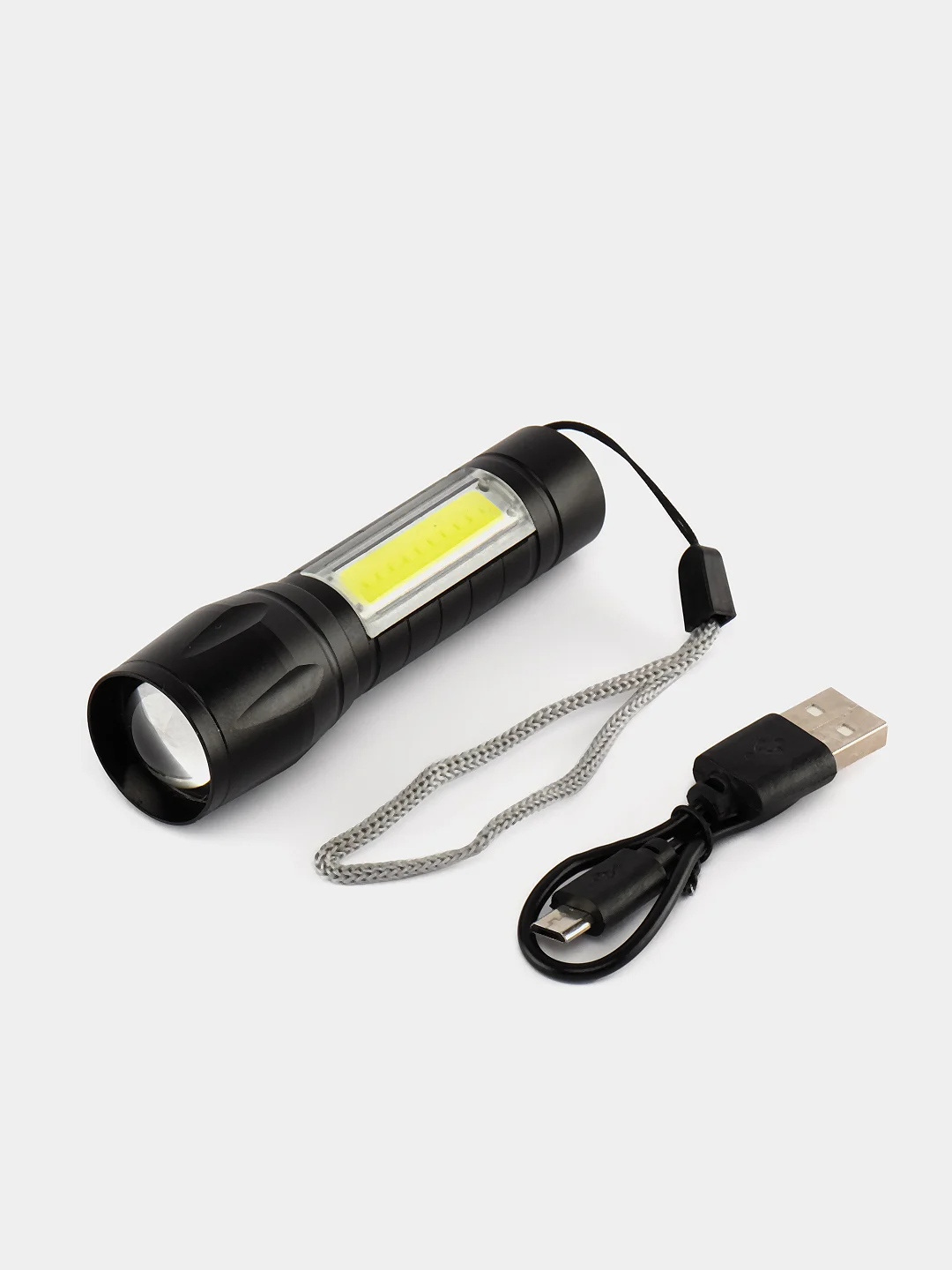 Черный фонарь карманный аккумуляторный. 2 режима (LED T6, COB, 10W)