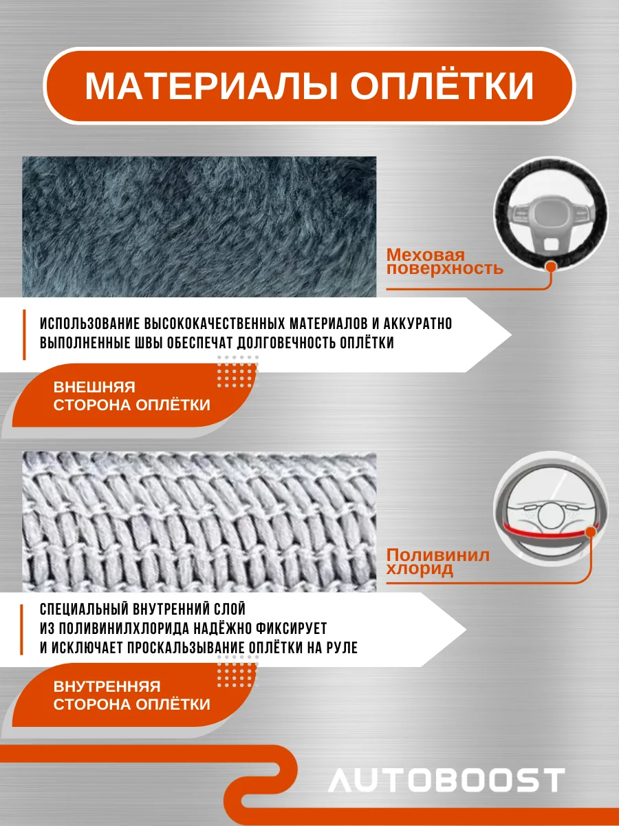 Серый оплетка меховая на руль автомобиля / чехол оплетка плюшевая 38 см