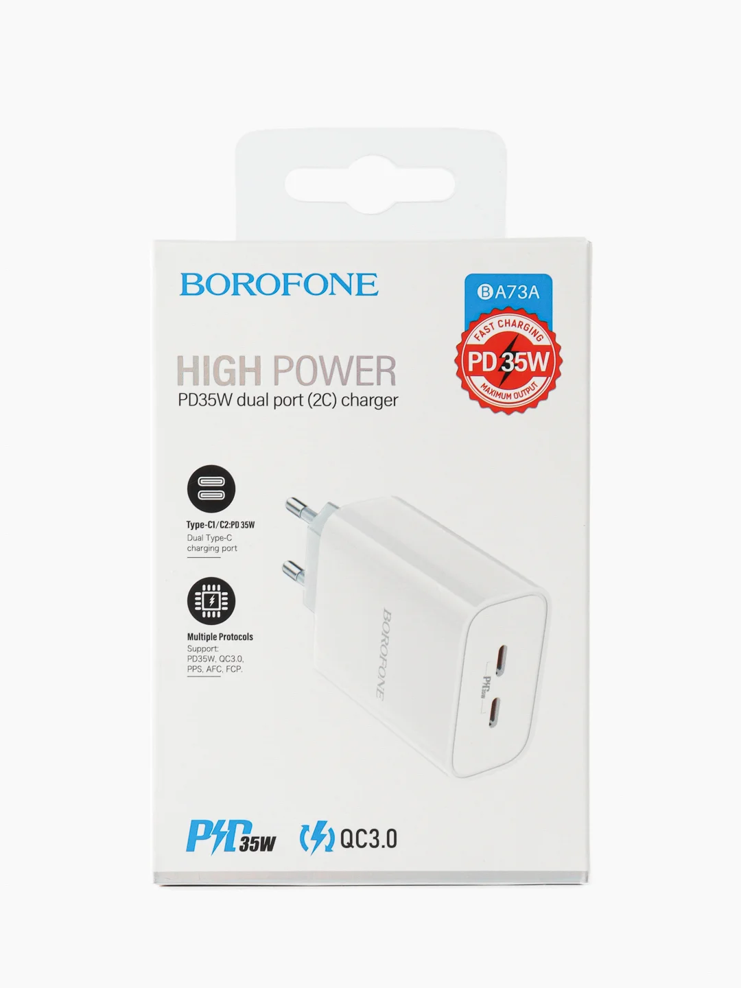 Белый сетевое зарядное устройство BOROFONE BA73A, два выхода USB-C 35W, PD, QC3.0, PPS, AFC, FCP