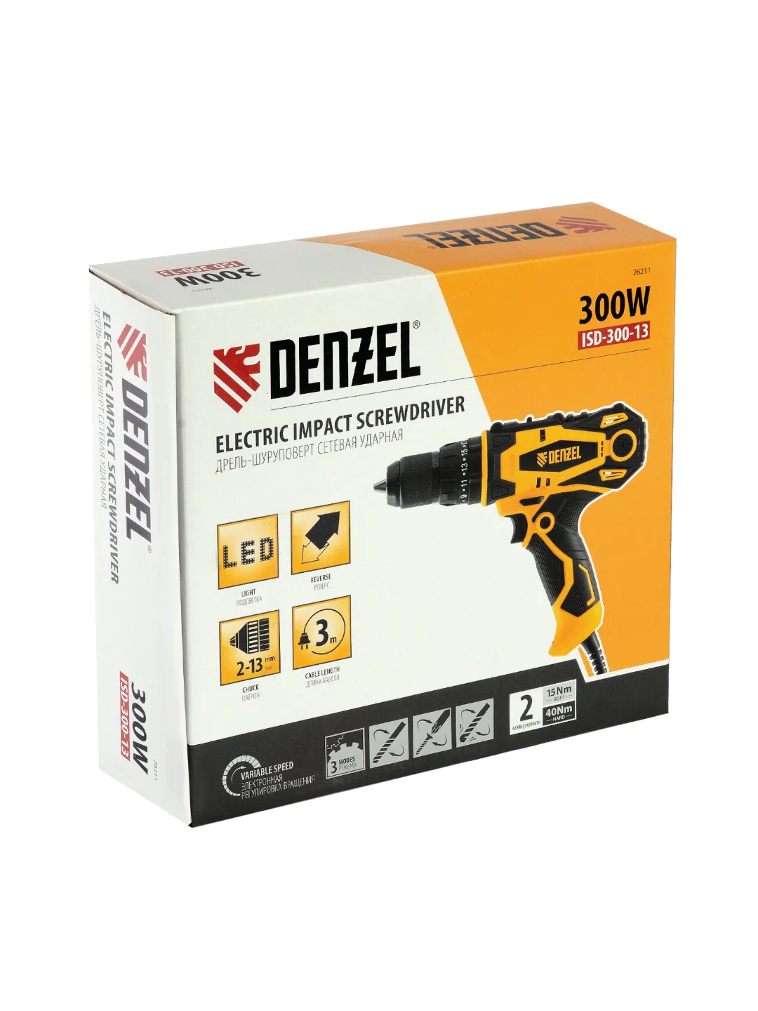 Дрель-шуруповерт сетевая ударная ISD-300-13, DENZEL, 26211