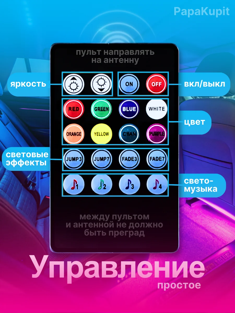 Подсветка салона и ног, со звуковым контроллером, RGB, 7 вариантов подсветки