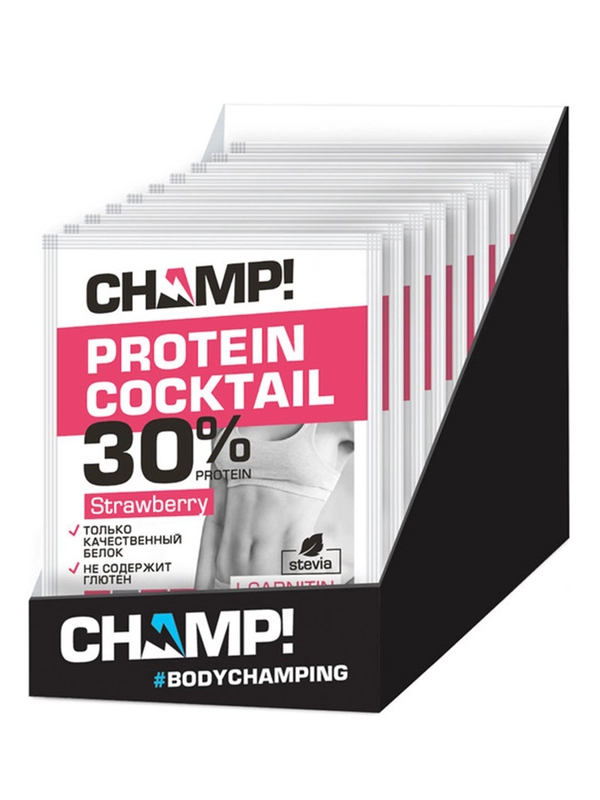 Коктейль протеиновый Champ, клубничный, 12 пакетов по 40 г