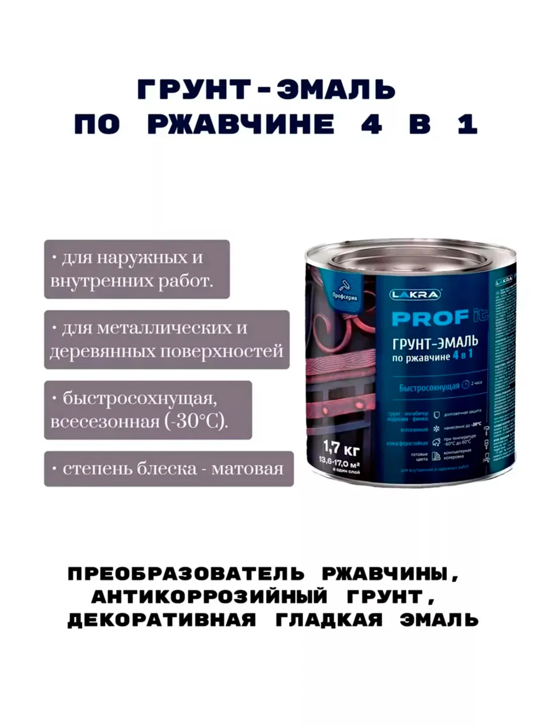Черный грунт-эмаль 4 в 1 Лакра PROF IT, быстросохнущая, черная, 1,7 кг