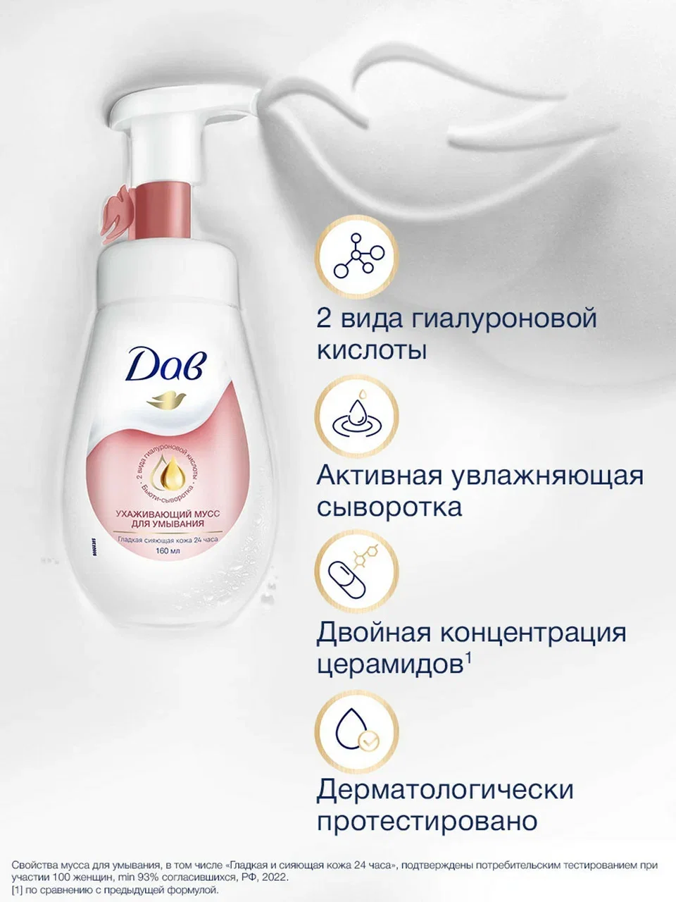 Мусс пенка Дав Для умывания лица ухаживающий с гиалуроновой кислотой и церамидами, 160 мл
