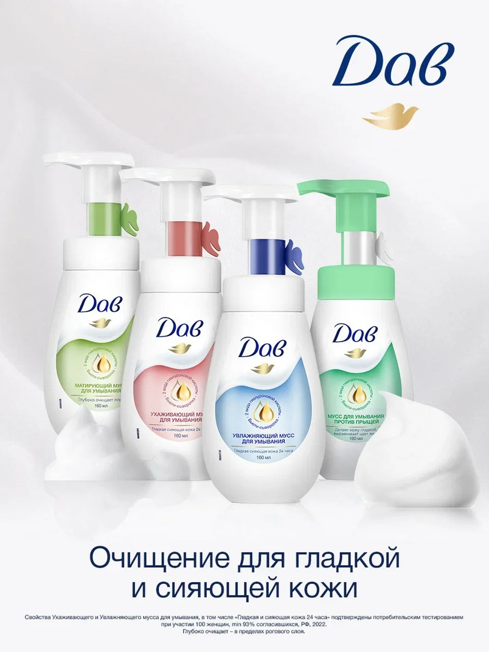 Мусс пенка Дав Для умывания лица ухаживающий с гиалуроновой кислотой и церамидами, 160 мл
