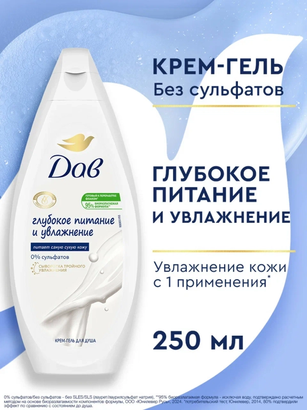 Крем гель для душа Дав Женский бессульфатный глубокое питание и увлажнение, 250 мл