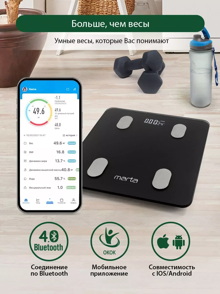 Черный умные диагностические весы MARTA MT-1606 с Bluetooth, LED, черный жемчуг