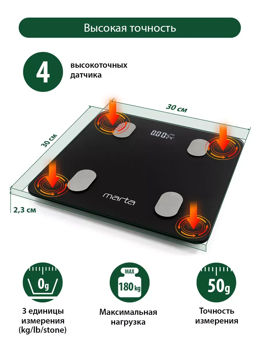 Черный умные диагностические весы MARTA MT-1606 с Bluetooth, LED, черный жемчуг