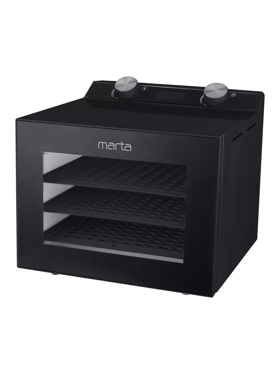 Черный сушилка для овощей и фруктов MARTA MT-FD1894A 4 поддона, 500Вт, ТАЙМЕР, LED-дисплей,черный