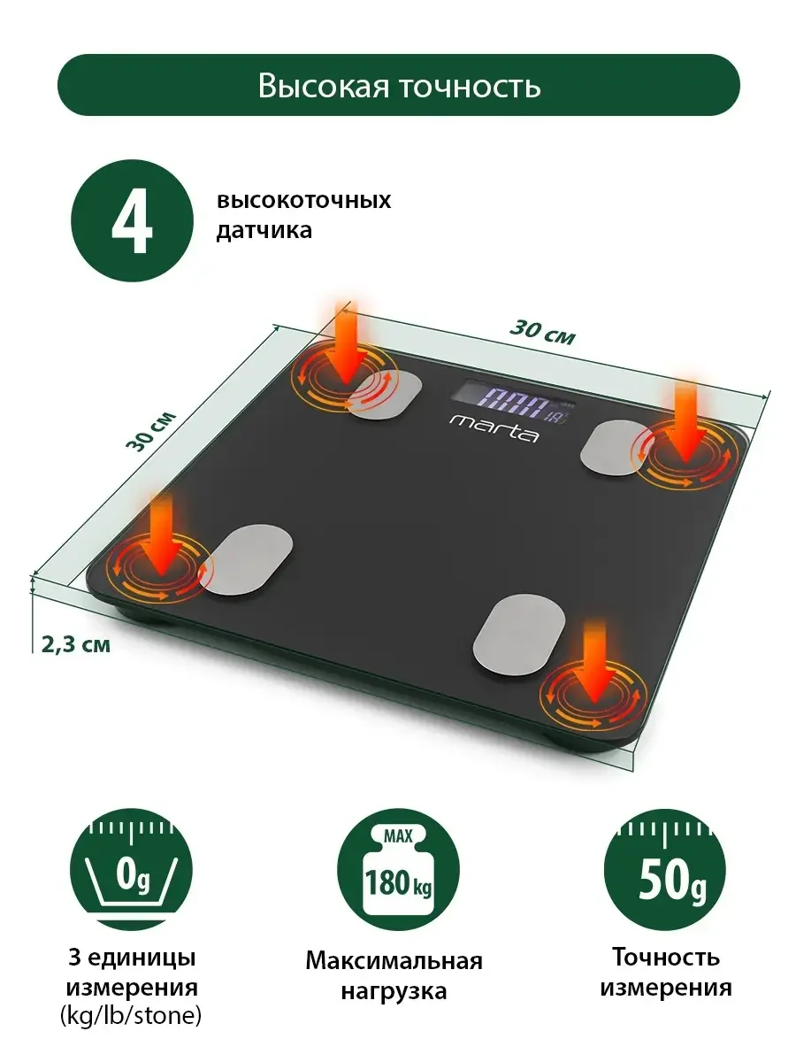 Серый умные диагностические весы MARTA MT-1607 max 180кг, 30x30 см, серый графит
