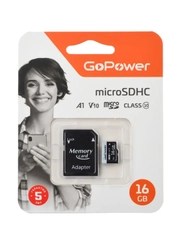 Карта памяти microSD GoPower 16GB Class10 60 МБ/сек V10 с адаптером