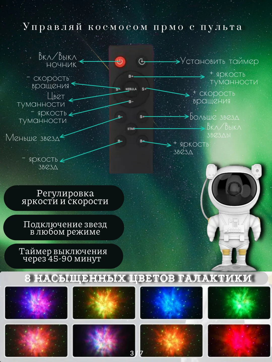 Бежевый меланж ночник проектор звездного неба "Заяц" / "Космонавт"