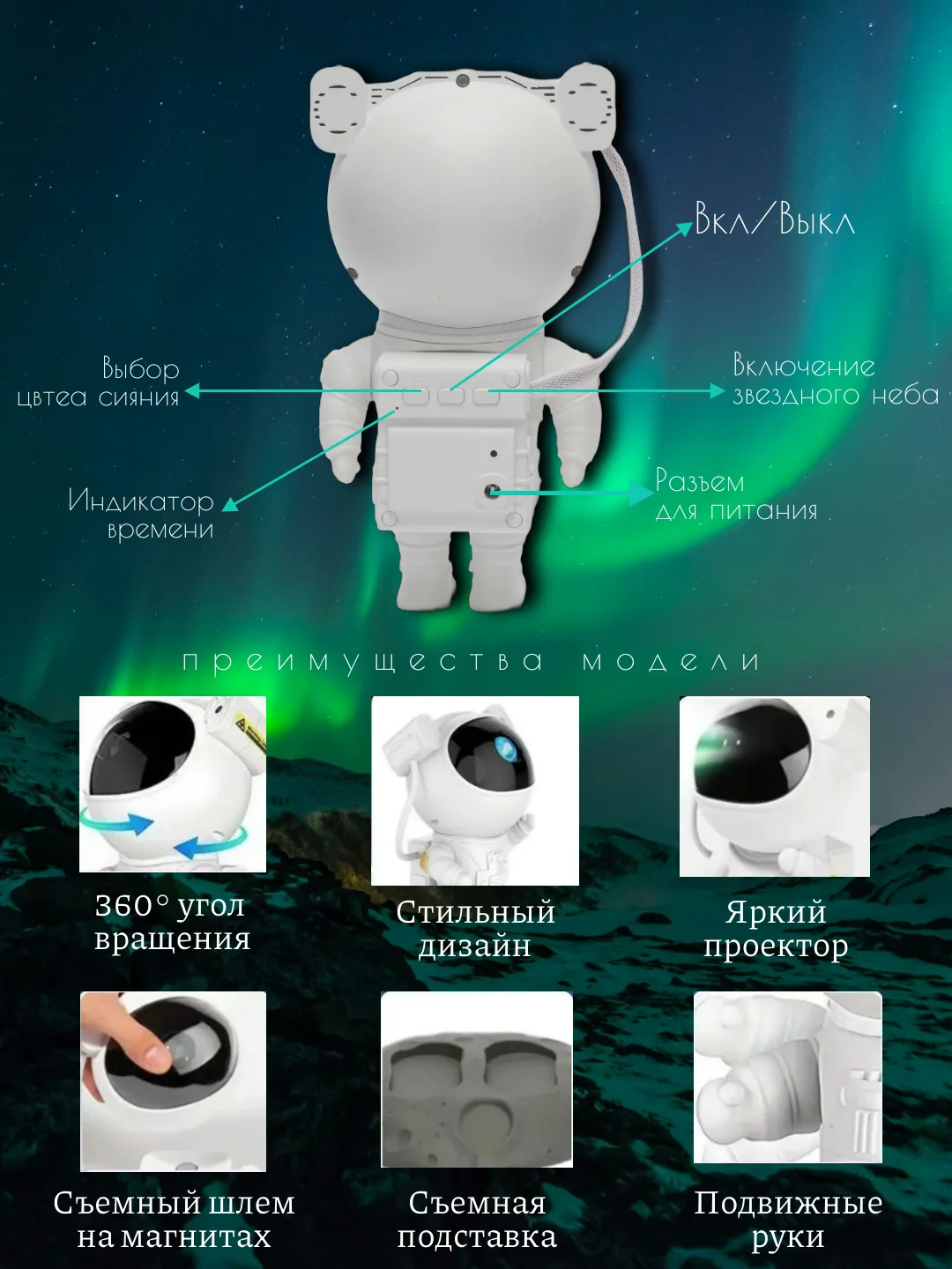 Бежевый меланж ночник проектор звездного неба "Заяц" / "Космонавт"