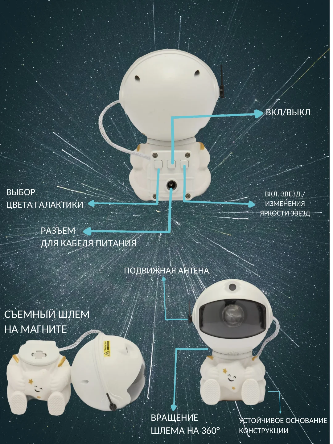 Кремовый ночник проектор звездного неба "Заяц" / "Космонавт"