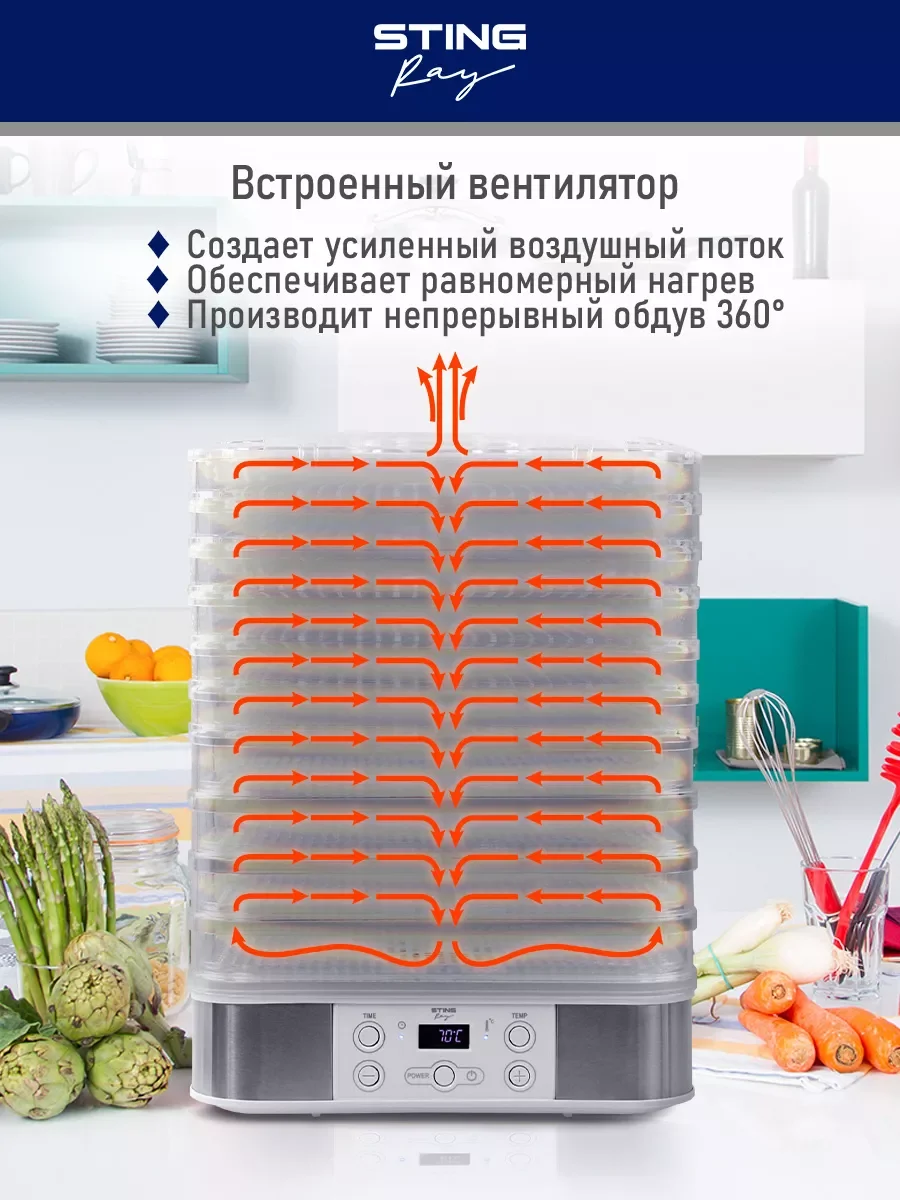 Белый сушилка для овощей и фруктов STINGRAY ST-FD702A 10 уровней/мощность 750Вт/белый жемчуг